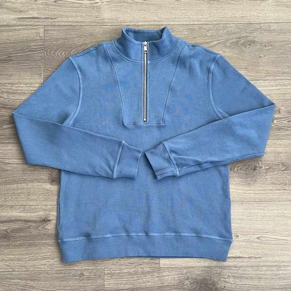 AMERICAN GIANT Mens French Ribbed Half Zip Sweater Small Blue Workwear Casual